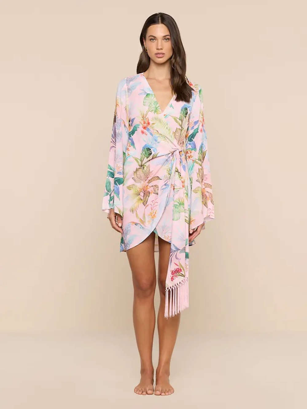L'AGENCE Kohima Cover-Up Dress Pastel Pink Tropical Tie-Waist Wrap Coverup